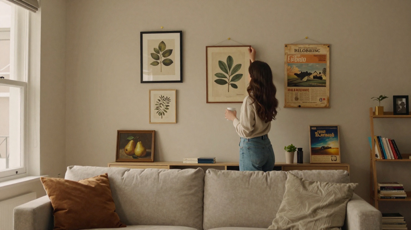 Frau hängt gerahmtes Blattbild an Wohnzimmerwand über grauem Sofa mit Kissen und Bücherregal auf.