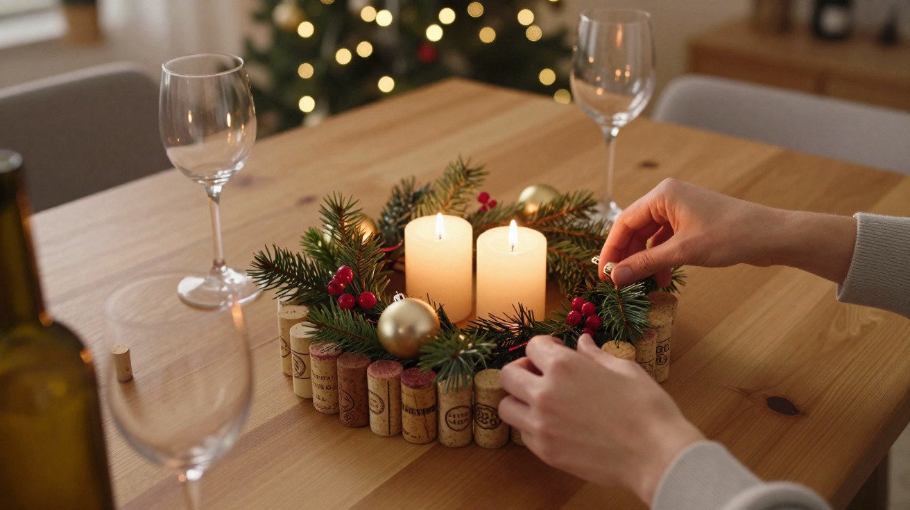 Weihnachtlicher Adventskranz aus Wein-Korken mit Kerzen, Tannenzweigen und roten Beeren auf Holztisch.