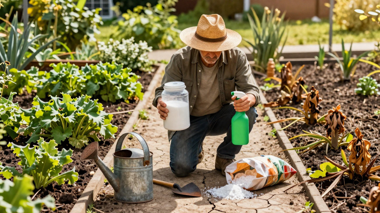 Mann mit Strohhut düngt seinen Garten, kniet auf einem Beetweg, umgeben von Pflanzen und Gartengeräten.
