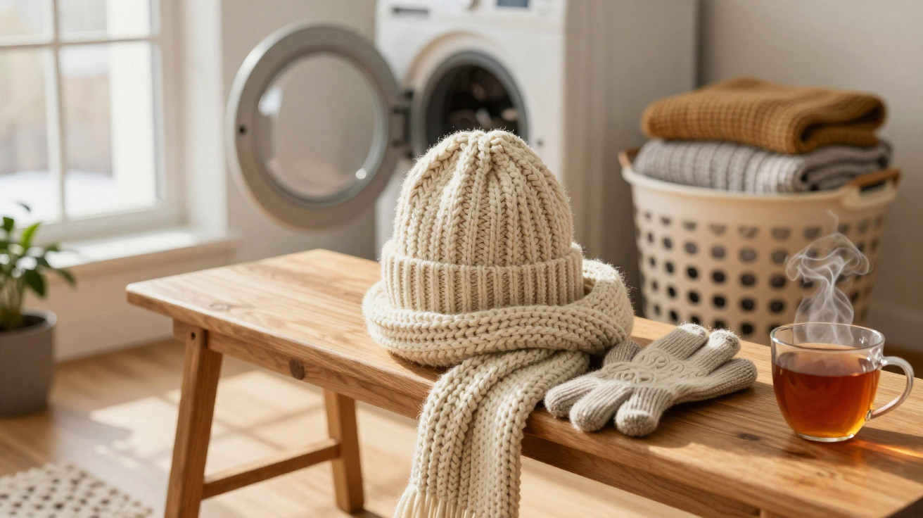 Strickmütze, Schal und Handschuhe auf Holzbank vor Waschmaschine, dampfender Tee, gefaltete Decken im Korb.