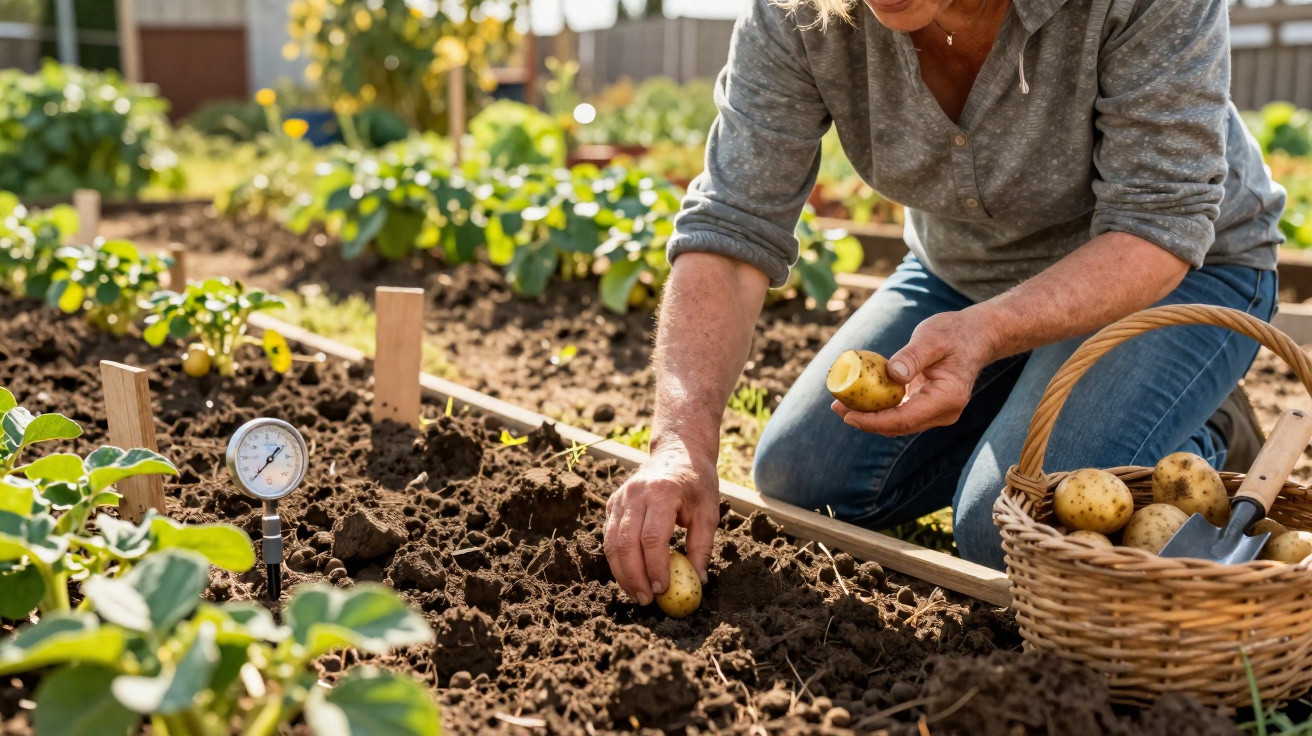Frau pflanzt Kartoffeln in einem Beet, daneben ein Korb mit Kartoffeln und ein Bodenthermometer.