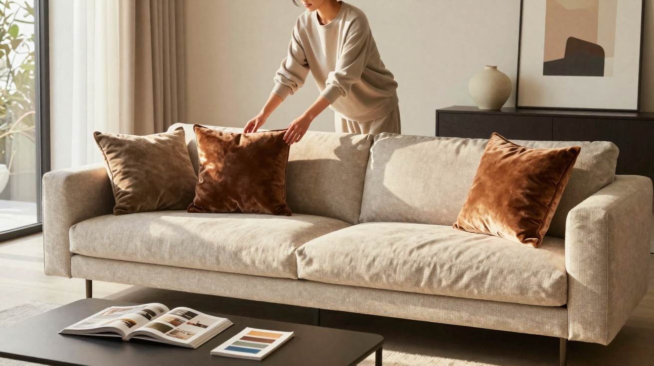 Frau richtet braune Samtkissen auf einem beigen Sofa in einem hellen, modernen Wohnzimmer her.