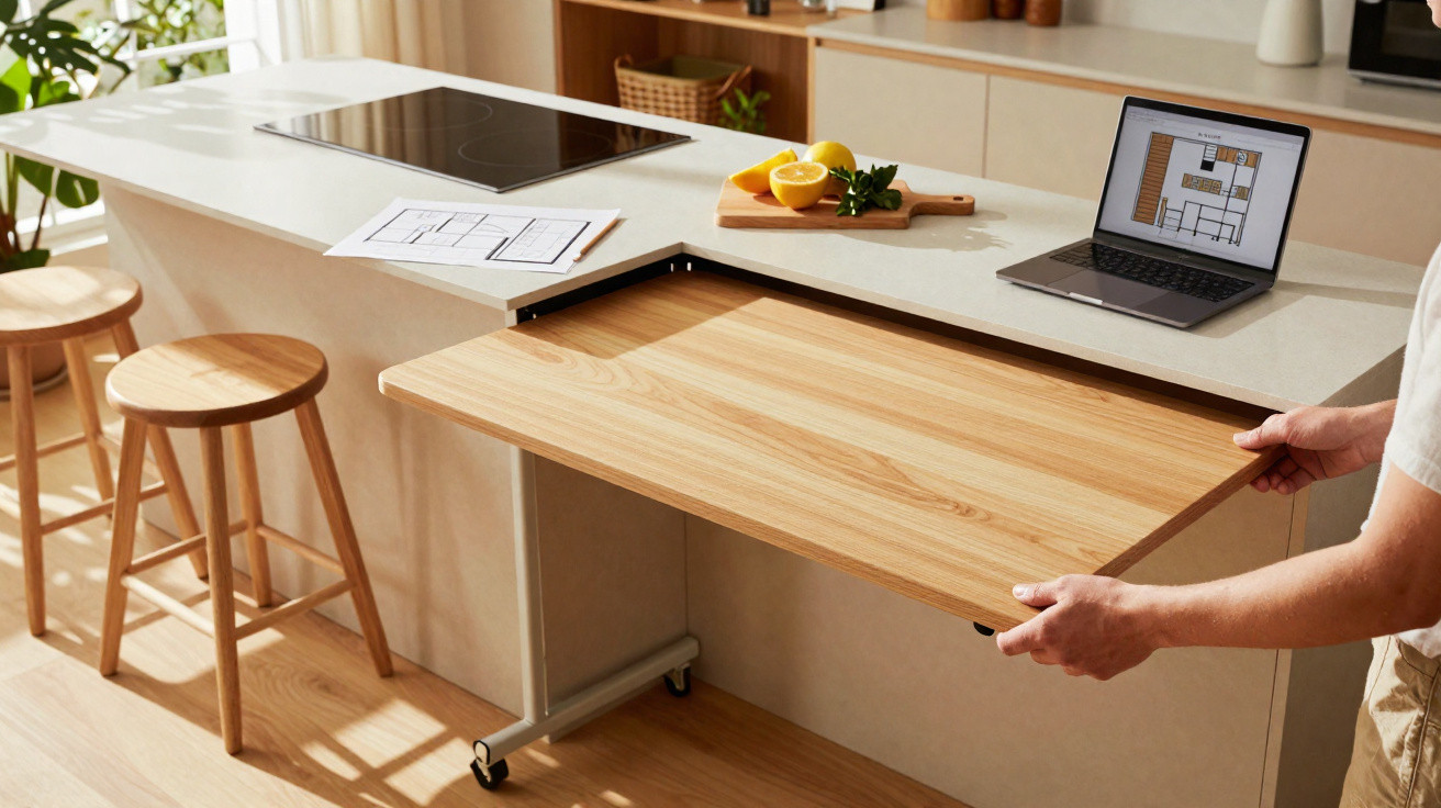 Moderne Küche mit ausziehbarem Holzarbeitsbrett, Laptop, Sitzhockern und Zitronen auf der Arbeitsfläche.