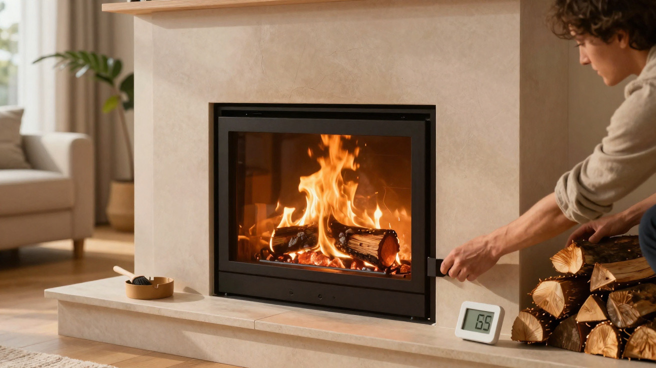 Person legt Holzscheite in modernen Kamin mit brennenden Flammen in gemütlichem Wohnzimmer.