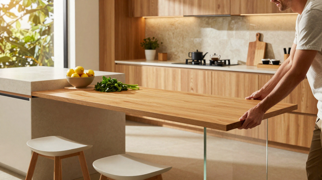 Mann klappt ausziehbaren Holztisch in moderner, heller Küche mit Holzfronten und zwei Hockern aus.
