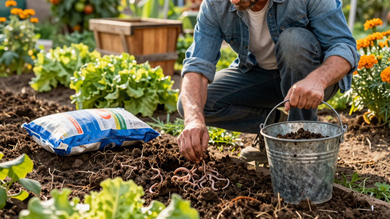 Mann im Garten setzt Regenwürmer in Boden, umgeben von Gemüse und Blumentöpfen.