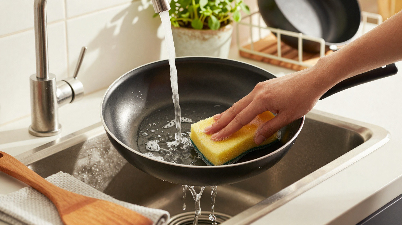 Hand wäscht eine Pfanne mit Schwamm unter fließendem Wasser in der Küchenspüle.