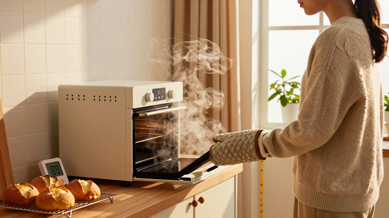 Frau nimmt mit Ofenhandschuhen dampfendes Backblech aus kleinem Backofen in heller Küche.