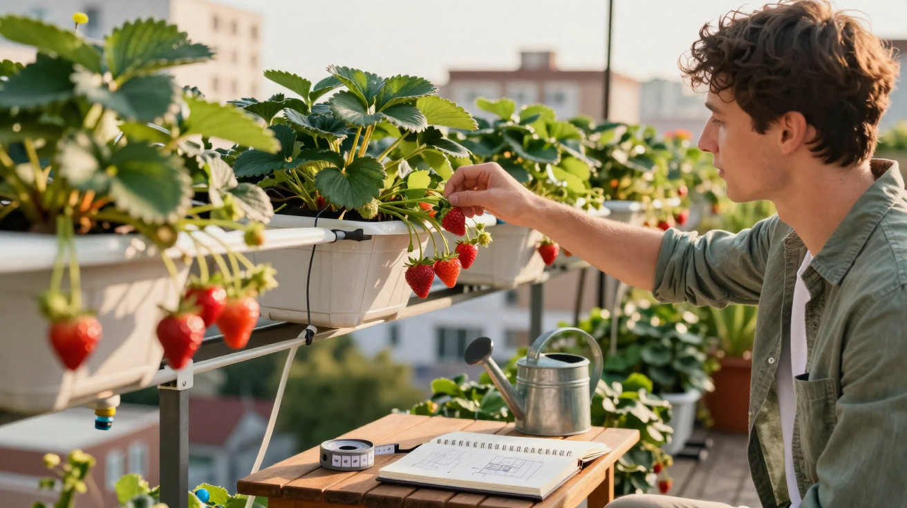 Mann pflückt frische Erdbeeren von Balkon-Pflanzkästen bei sonnigem Tageslicht in urbaner Umgebung.