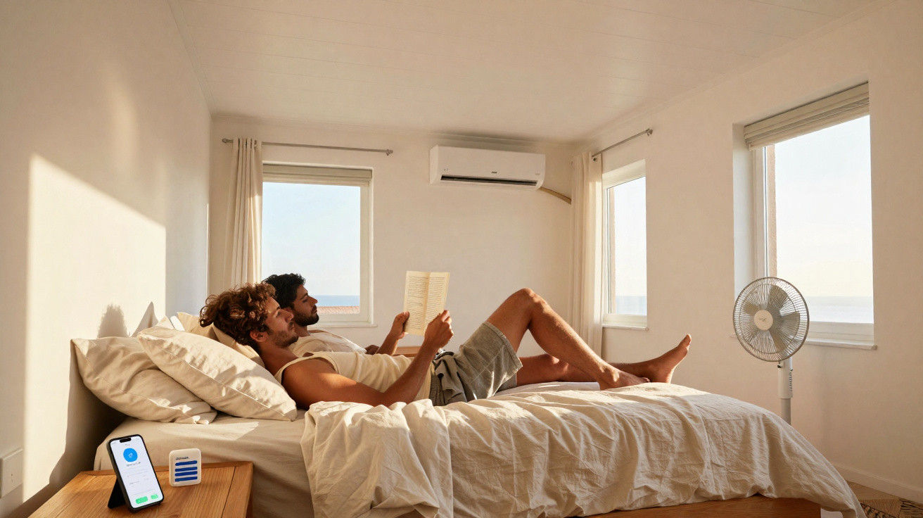 Zwei Männer liegen entspannt auf einem Bett in einem hellen, modernen Schlafzimmer mit Ventilator und Klimaanlage.