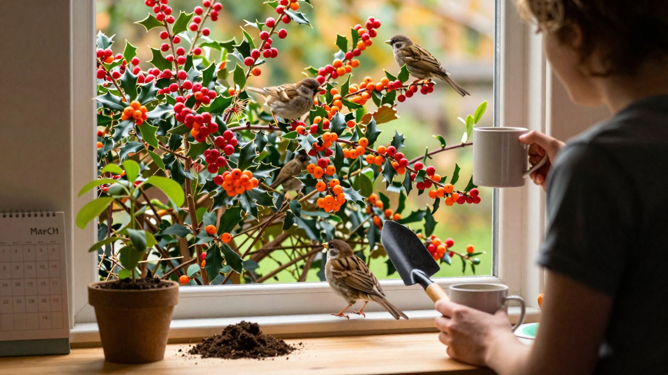 Frau mit Kaffeetasse schaut aus Fenster auf Spatzen an einem strauch mit roten und orangen Beeren.