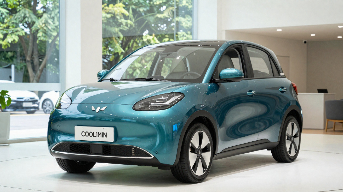Blauer kompakter Elektroauto Coolmin in modernem Showroom mit großen Fenstern und Tageslicht