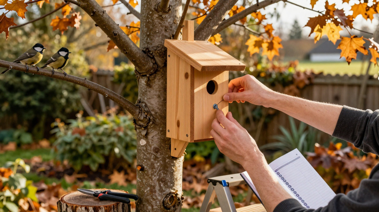 Person befestigt einen Vogelkasten an einem Baum im Herbst mit zwei Kohlmeisen auf dem Ast.