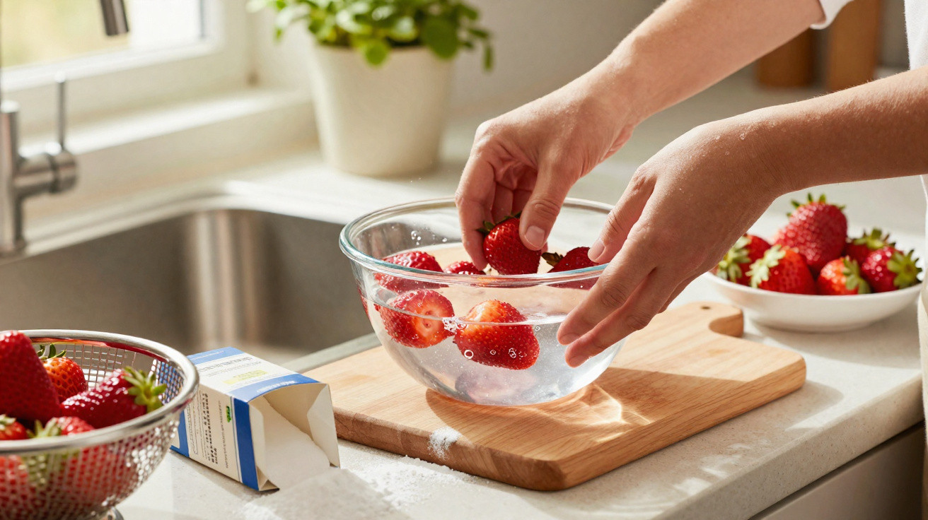 Hände tauchen frische Erdbeeren in eine Glasschüssel mit Wasser auf einer Küchenarbeitsplatte.