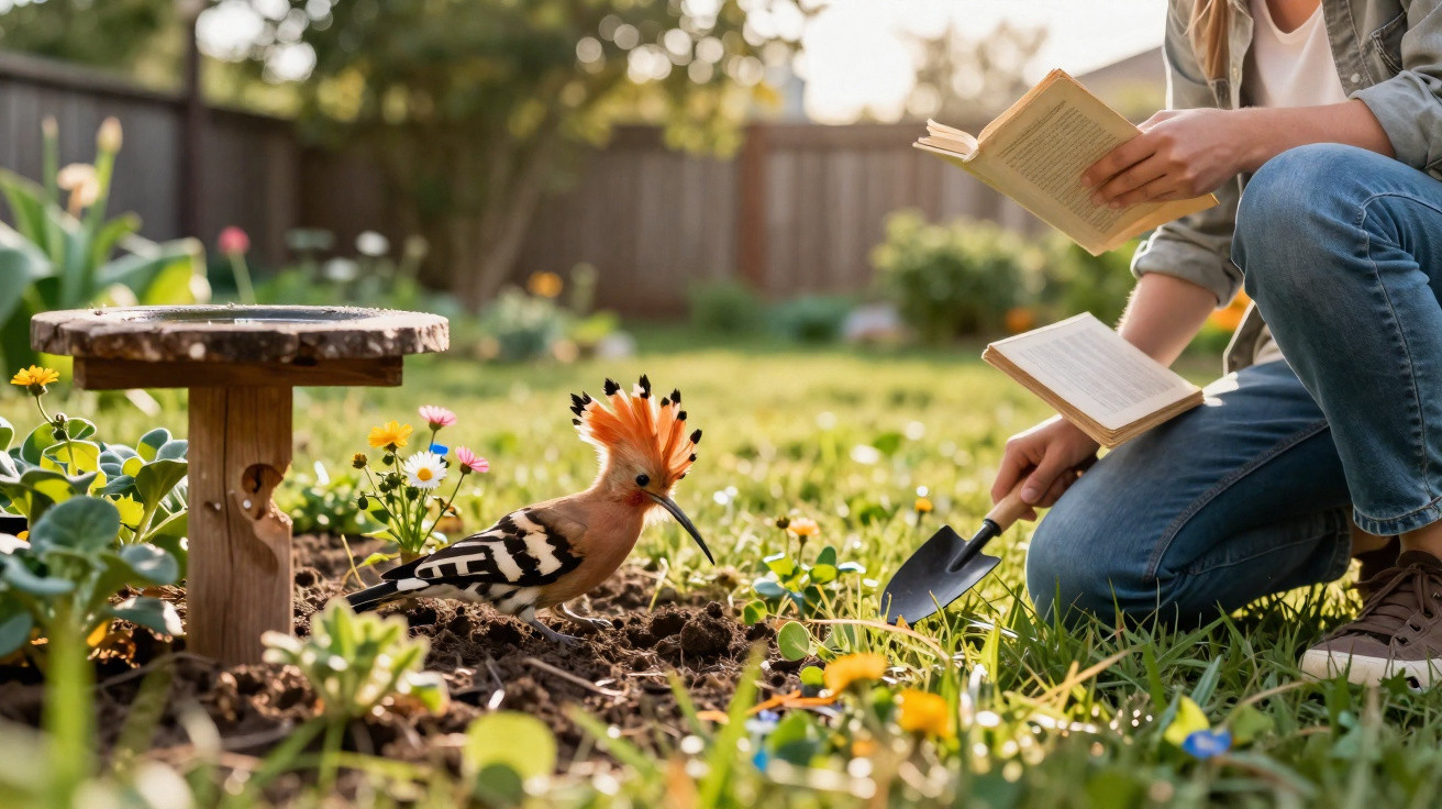 Person gießt Pflanzen im Garten, während ein bunter Wiedehopf neben ihr im Beet sitzt.