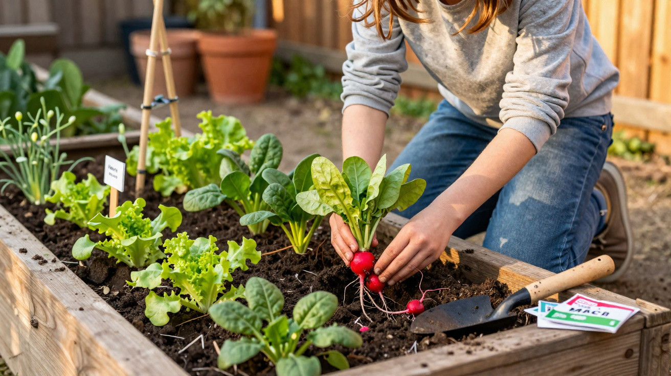 Person erntet frische Radieschen in einem Hochbeet im Garten bei Sonnenlicht