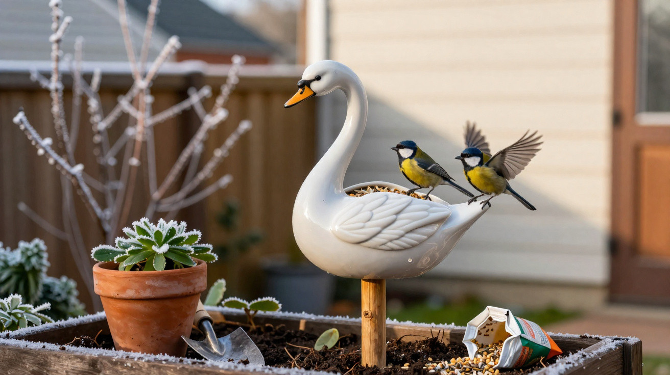 Zwei Meisen sitzen auf einem weißen Schwan-Futterspender in einem Blumenkasten mit gefrorenen Pflanzen.