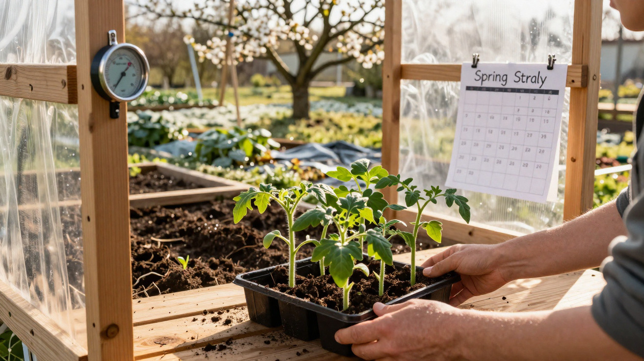 Frische Tomatenpflanzen in einem Pflanzgefäß werden in ein kleines Gewächshaus gestellt, Kalender hängt außen.