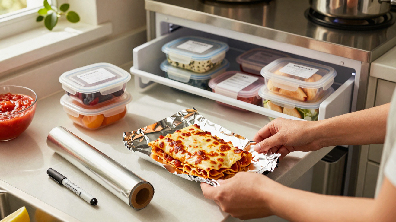 Person nimmt Lasagne aus Mikrowelle, Vorratsboxen mit Essen und Alufolie auf Küchenarbeitsplatte sichtbar