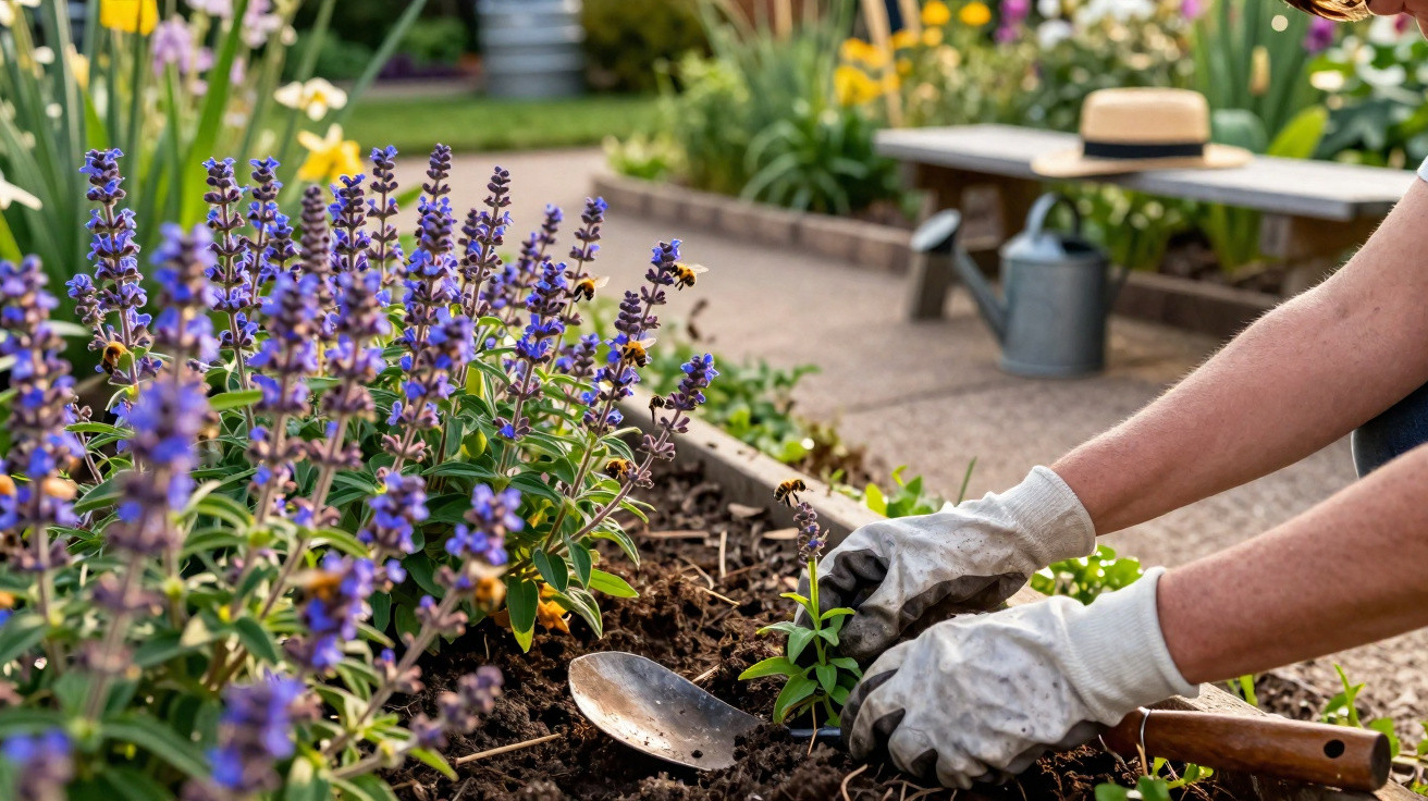 Person mit Handschuhen pflanzt junge Lavendelpflanze in einem sonnigen Gartenbeet mit blühenden Blumen.