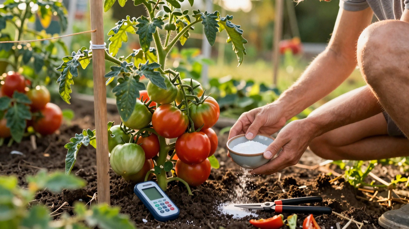 Person gibt im Garten dünger oder Salz auf den Boden neben Tomatenpflanze mit grünen und roten Früchten.