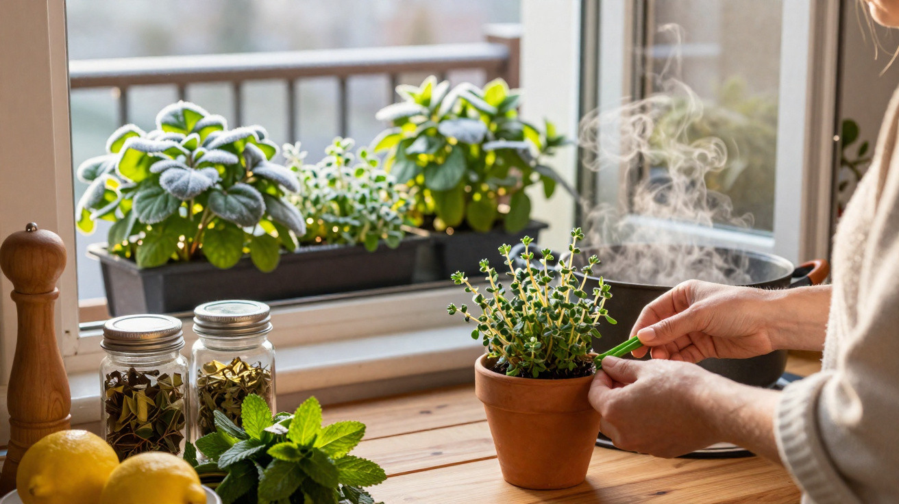 Person schneidet frische Kräuter in einem Topf auf der hellen Küchenarbeitsplatte am Fenster.