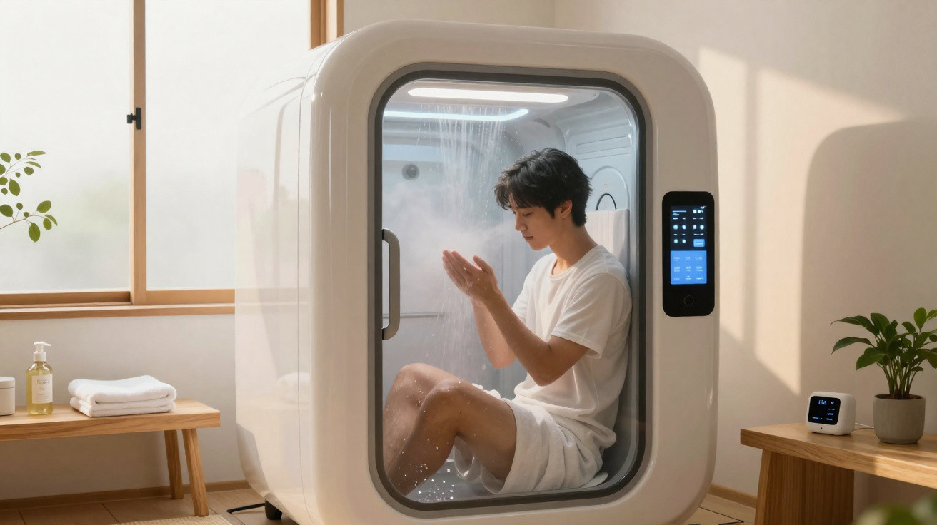 Mann sitzt in moderner Duschkabine, Wasser läuft, innen helles, minimalistisches Badezimmer mit Holz und Pflanzen.
