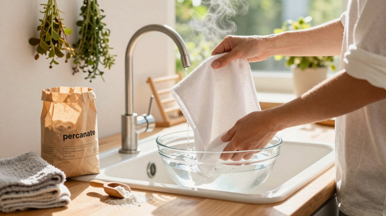 Person wringt ein feuchtes Tuch über einer Schüssel mit dampfendem Wasser in einer hellen Küche aus.