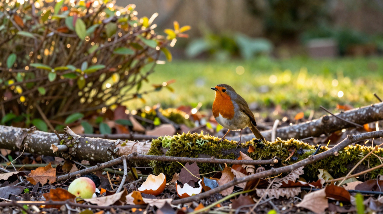 Rotkehlchen sitzt auf moosbedecktem Ast in herbstlichem Garten mit Laub und Äpfeln auf dem Boden.
