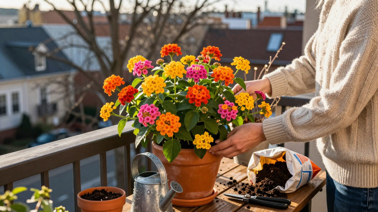 Person gießt bunte Blumen in einem Blumentopf auf einem Balkon bei sonnigem Wetter.