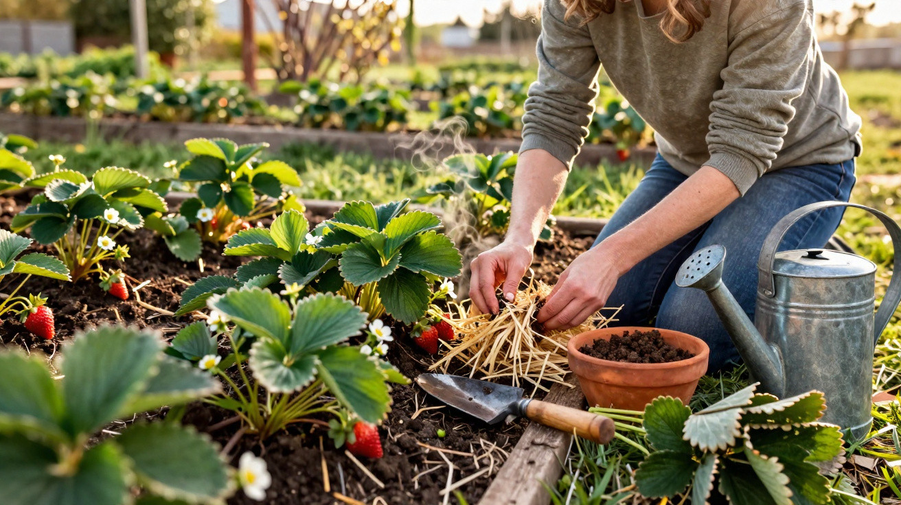 Person kniet im Garten und mulcht Erdbeerpflanzen mit Stroh, daneben Gießkanne und Gartenschaufel.