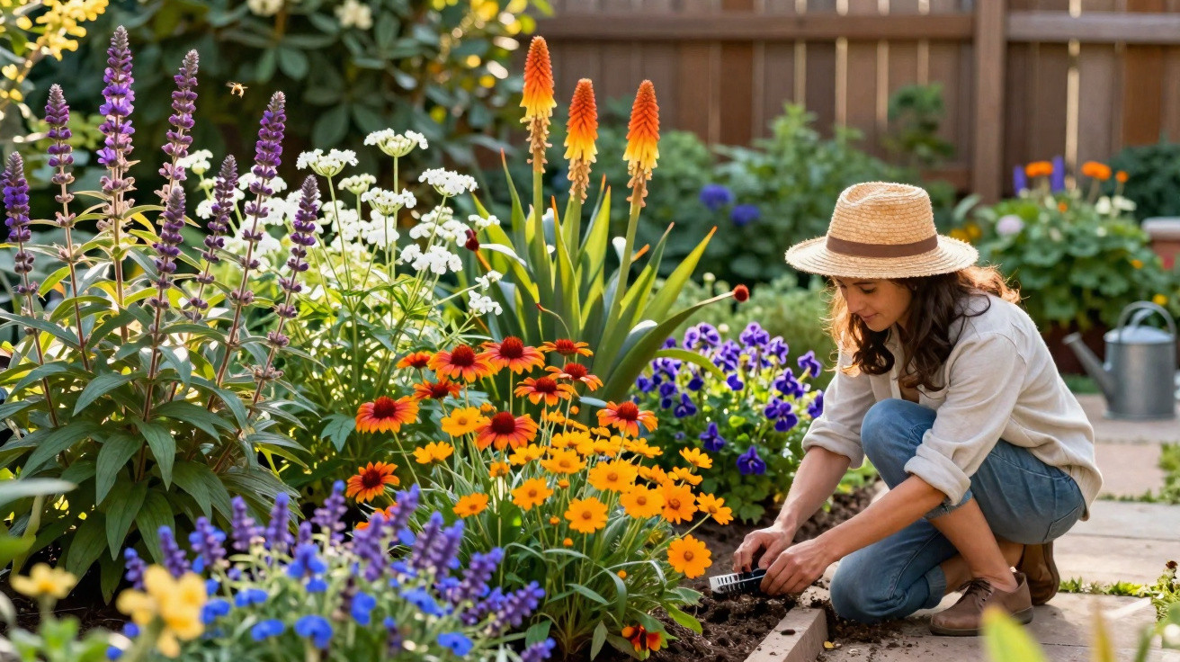 Frau mit Strohhut, die in einem blühenden Garten mit bunten Blumen und Pflanzen arbeitet.
