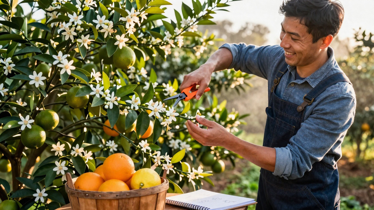 Mann schneidet Blütenzweig an Orangenbaum, Korb voller Zitrusfrüchte und Notizbuch auf Tisch im Garten.