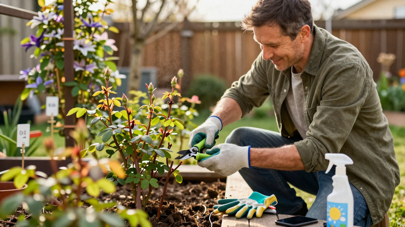 Mann kniet im Garten und schneidet Rosen mit einer Gartenschere, trägt Handschuhe und lächelt dabei.