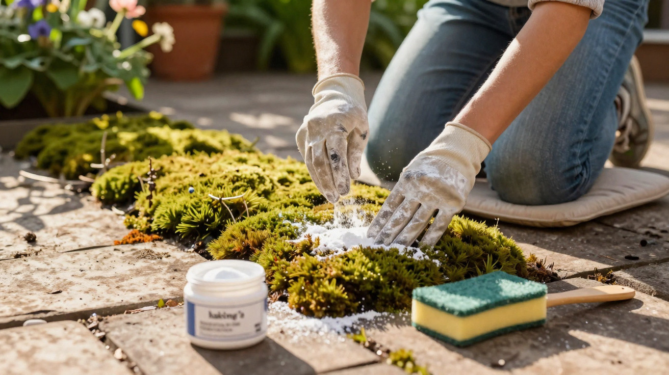 Person mit Handschuhen streut Backpulver auf Moos auf Steinfliesen bei Gartenarbeit.