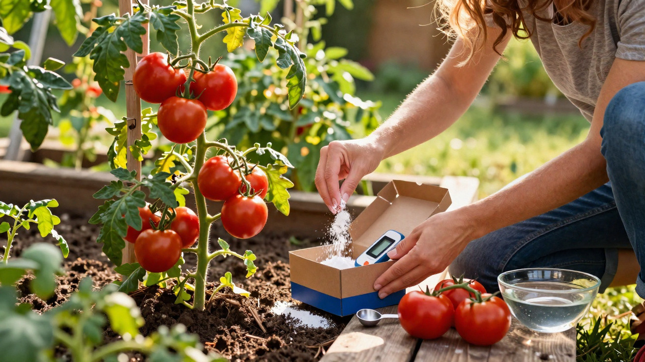 Frau streut weißes Pulver neben reifer Tomatenpflanze im Garten bei sonnigem Wetter.