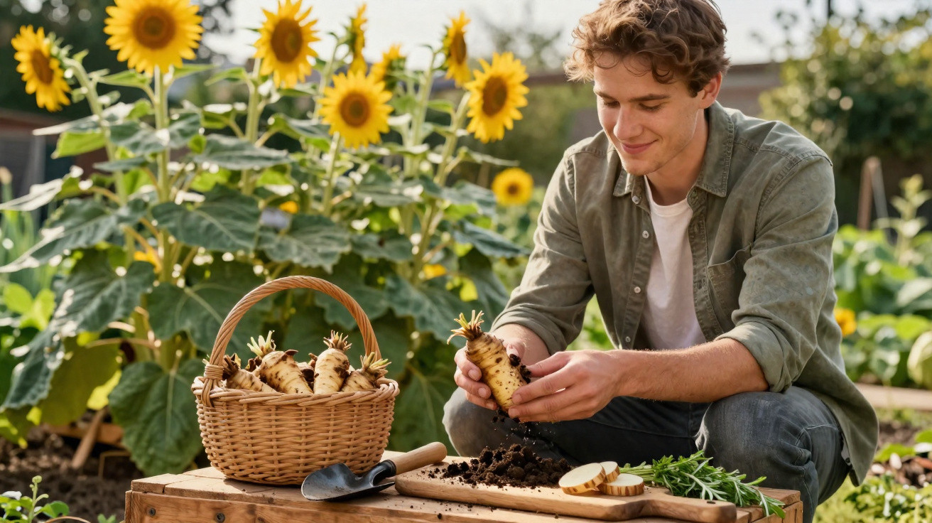 Junger Mann erntet frische Topinamburknollen in einem Garten mit Sonnenblumen im Hintergrund.