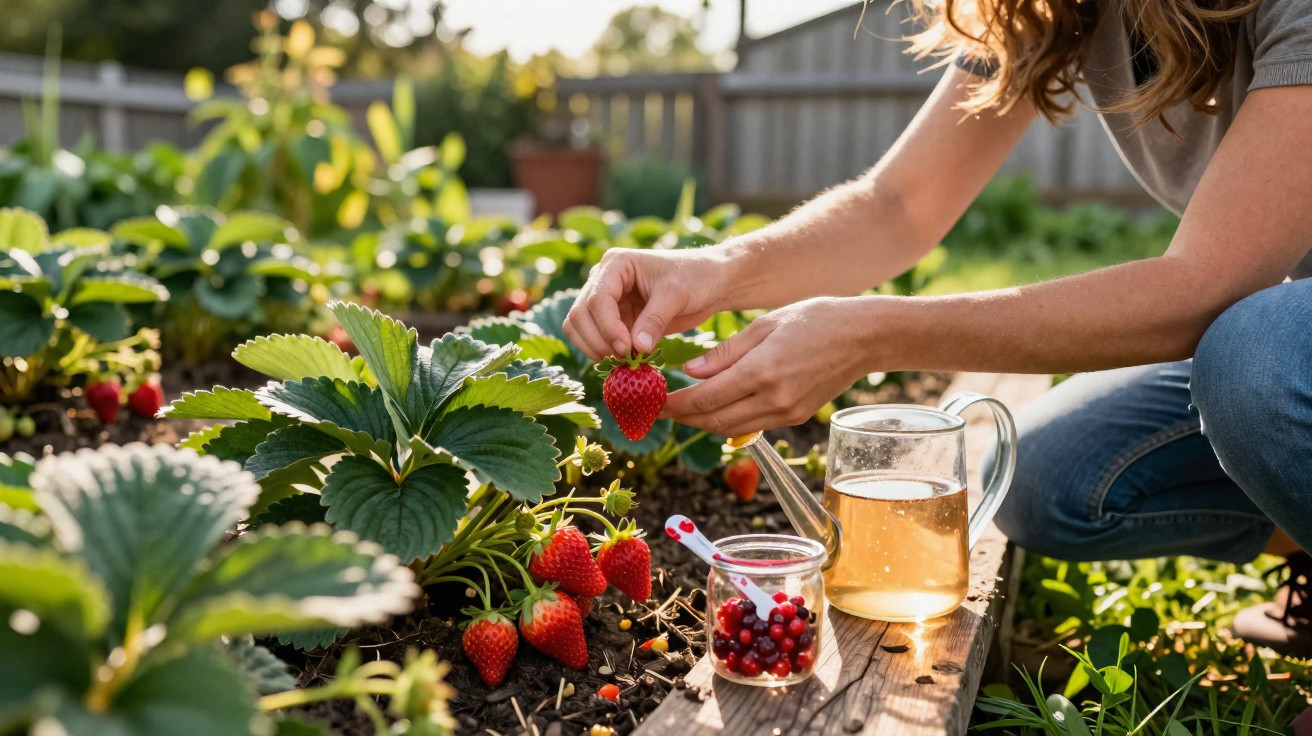 Frau pflückt Erdbeeren im Garten, neben ihr ein Glas mit Beeren und ein Krug Getränk.
