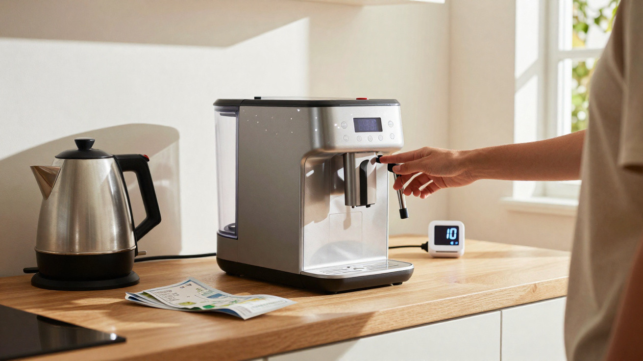 Person bedient Kaffeevollautomat in heller Küche mit elektrischem Wasserkocher und digitaler Uhr auf Arbeitsplatte.