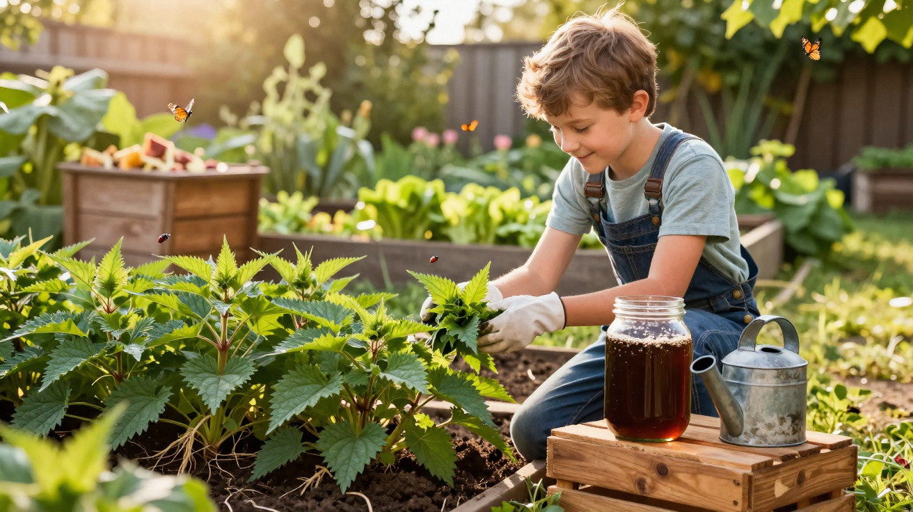 Ein Junge erntet Brennnesseln im Garten, umgeben von Pflanzen, mit Gießkanne und Glas Honig.