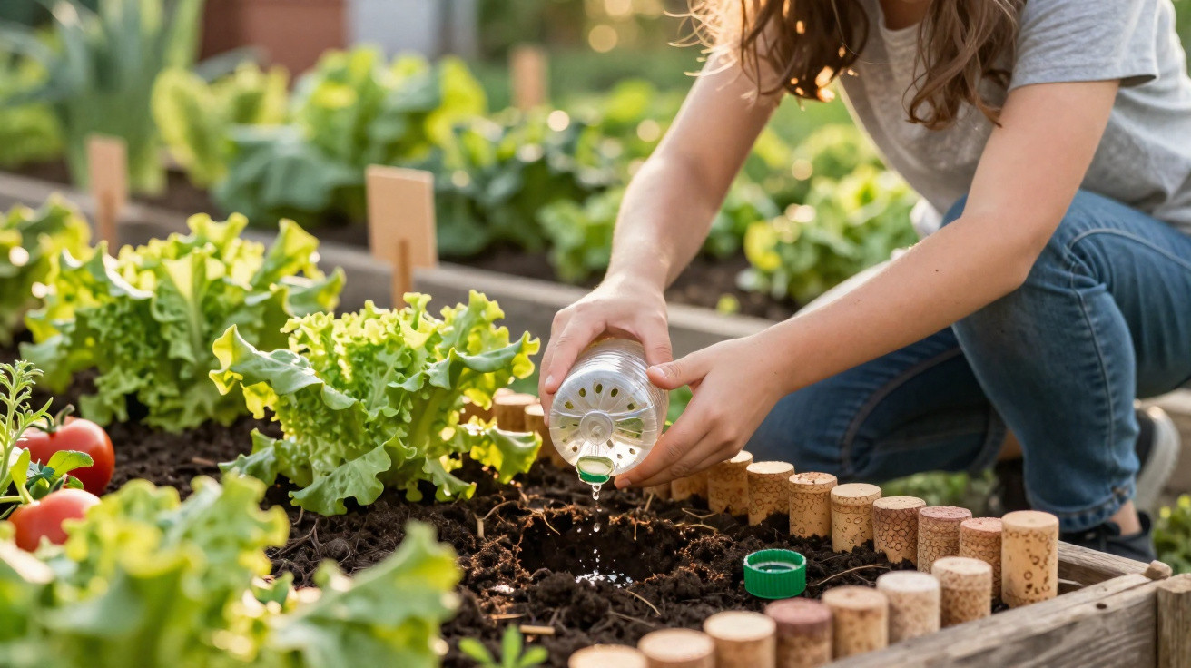 Person gießt im Hochbeet mit einer Plastikflasche Wasser auf frisch gepflanzte Erde im Garten.