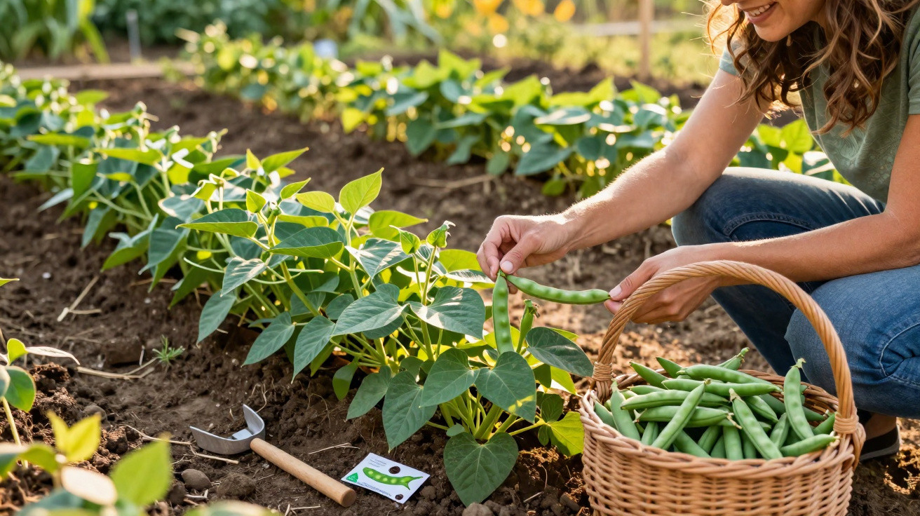 Frau erntet grüne Bohnen aus Beet und legt sie in geflochtenen Korb auf Gartenboden.