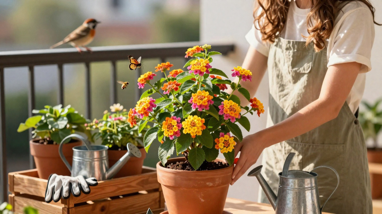 Frau gießt bunte Blume in Terrakottatopf auf Balkon mit Gartengeräten und Vogel im Hintergrund.