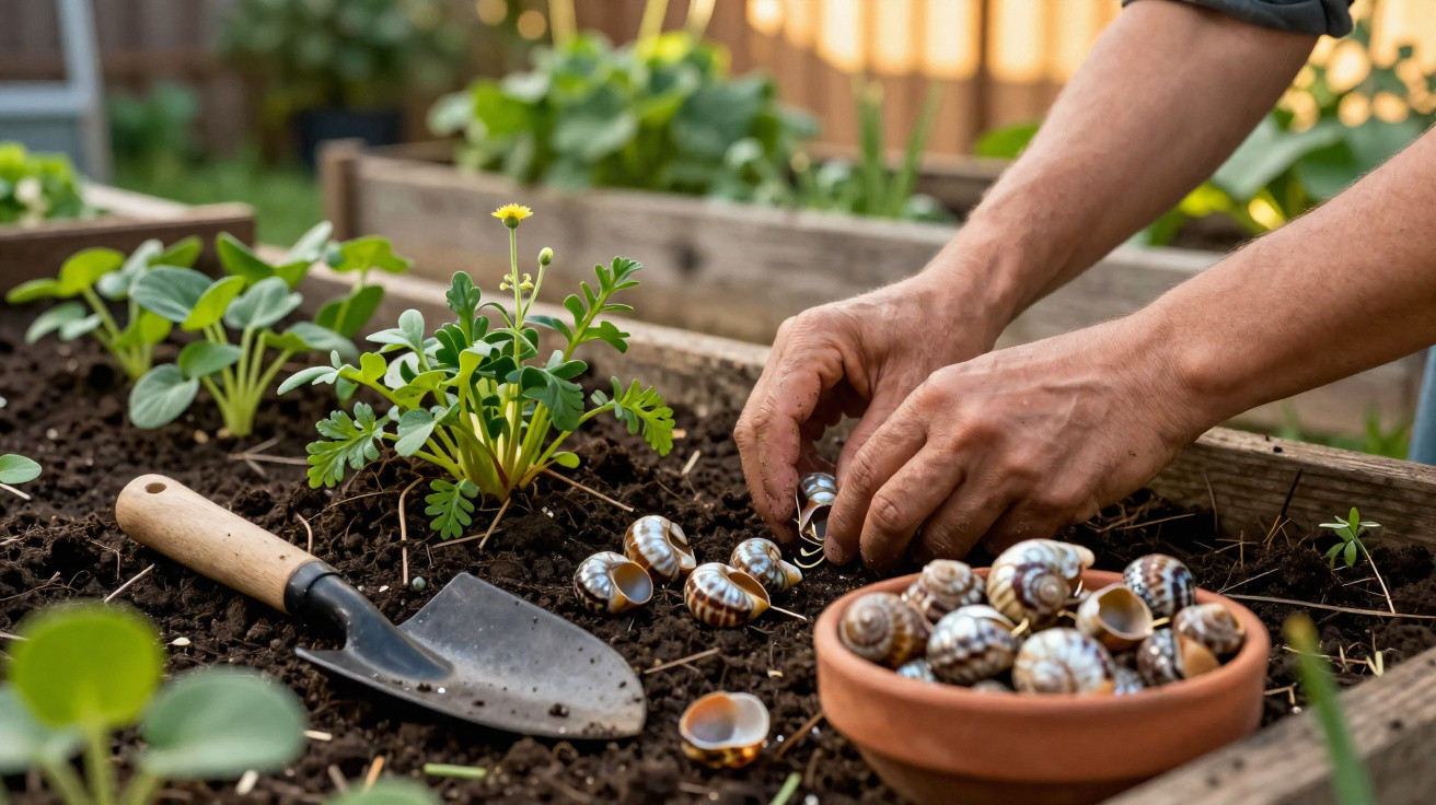Hände pflanzen Pflanzen im Hochbeet, daneben Gartenschaufel und Schneckenhäuser in einer Schale.