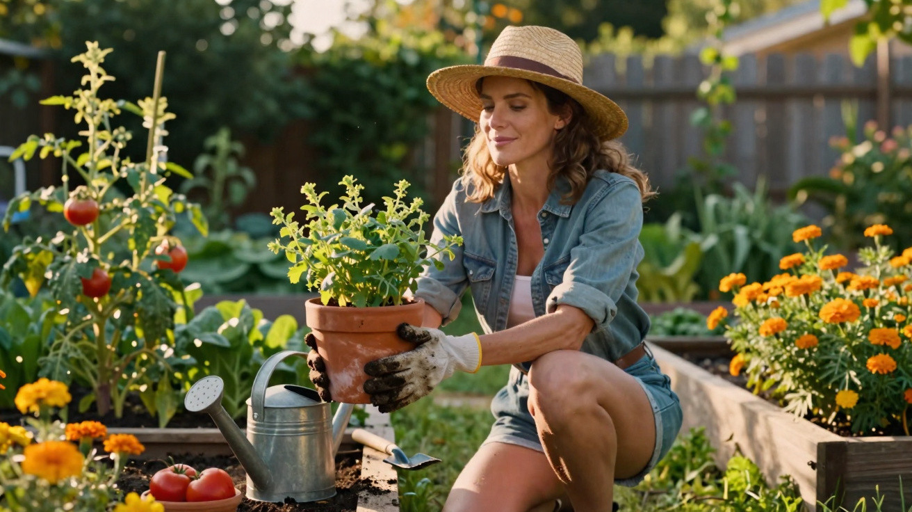 Frau mit Strohhut pflanzt Kräuter im Garten, umgeben von blühenden Blumen und Tomatenpflanzen.