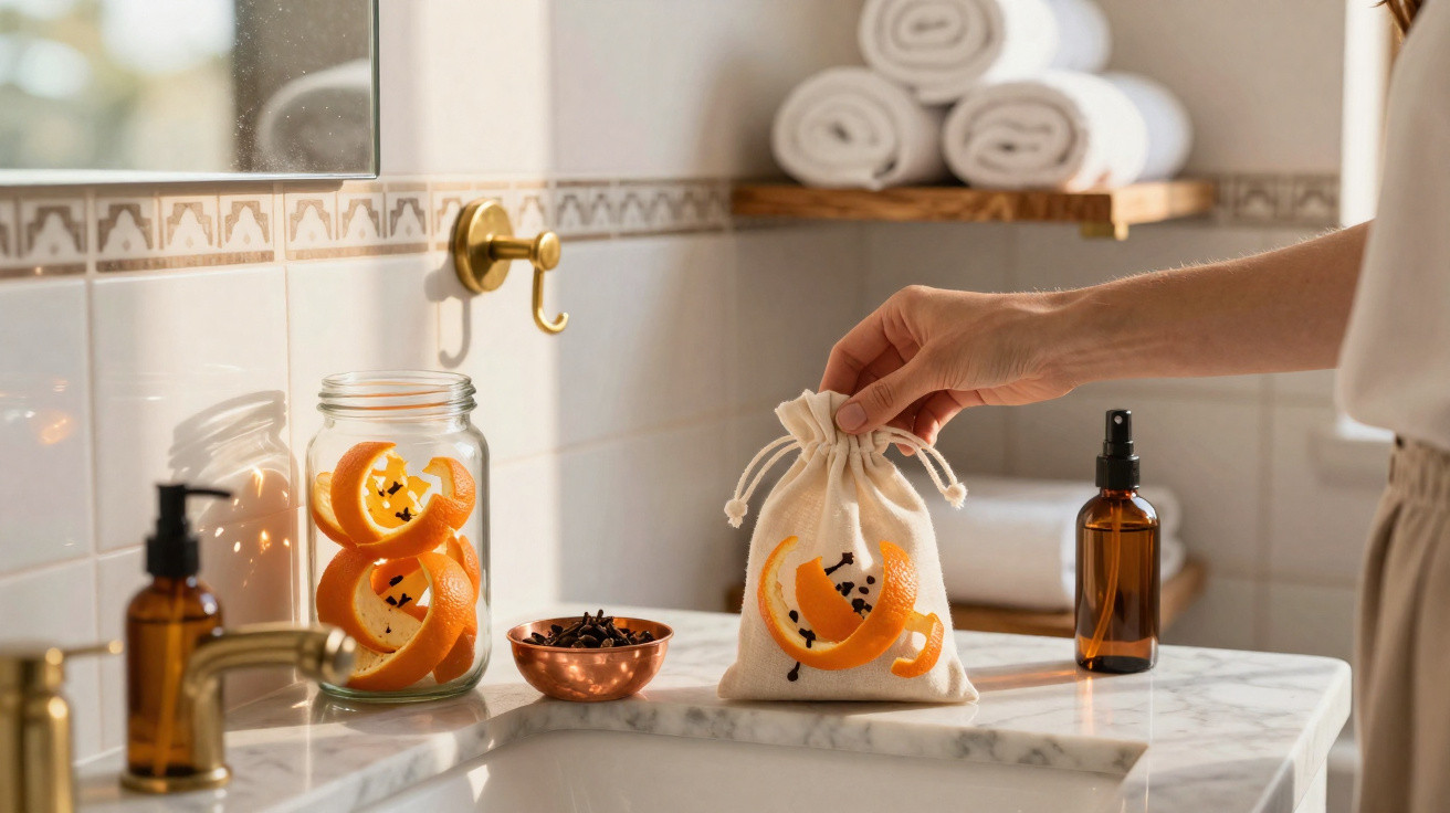 Hand legt Beutel mit Orangenschalen und Gewürzen auf Badezimmer-Waschbecken mit Handtüchern im Hintergrund.