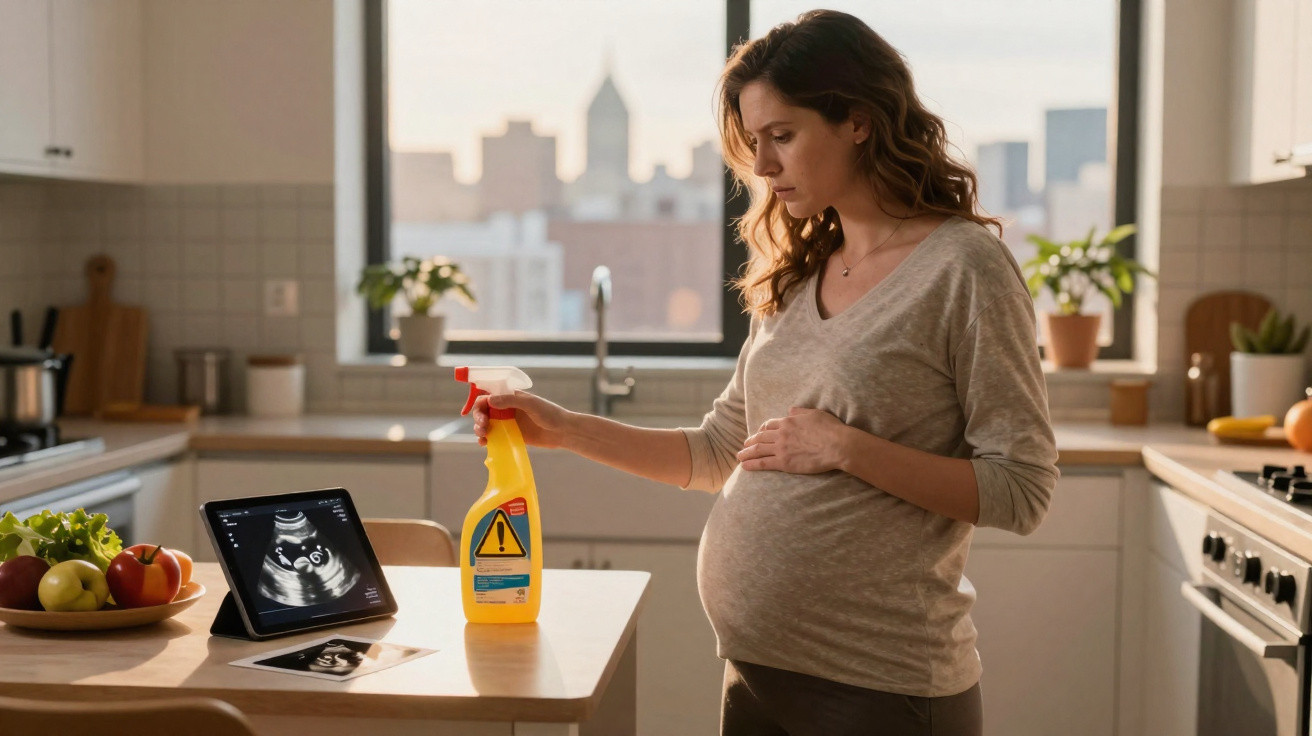 Schwangere Frau in der Küche hält Reinigungsmittel neben Ultraschallbild ihres Babys auf dem Tisch.