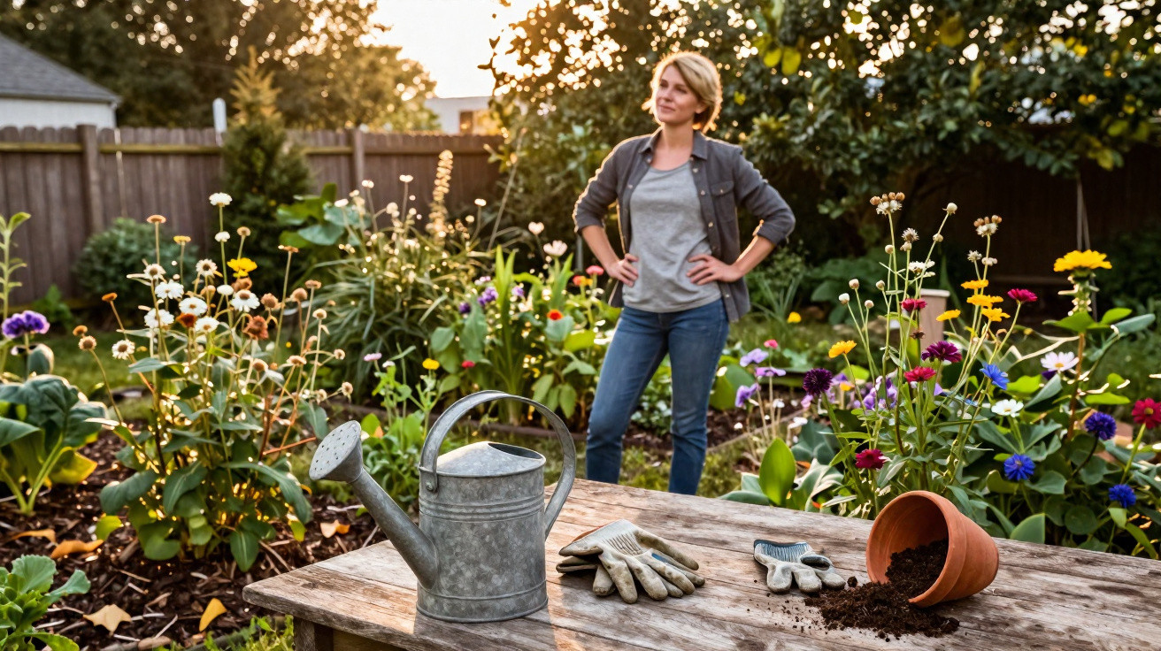 Frau steht im blühenden Garten, im Vordergrund Gießkanne, Gartenhandschuhe und umgestürzter Blumentopf auf Holztisch.