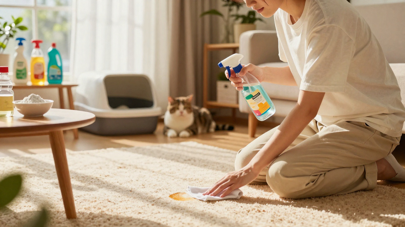 Person reinigt Teppichboden mit Spray und Tuch, Katze ruht neben Katzenklo im sonnigen Wohnzimmer.