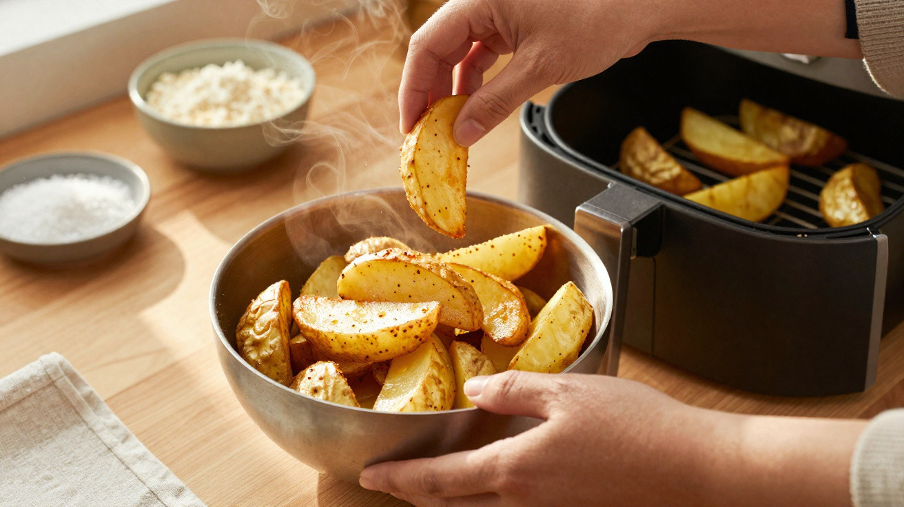 Dampfende, gewürzte Kartoffelecken in Schale werden aus der Heißluftfritteuse genommen.